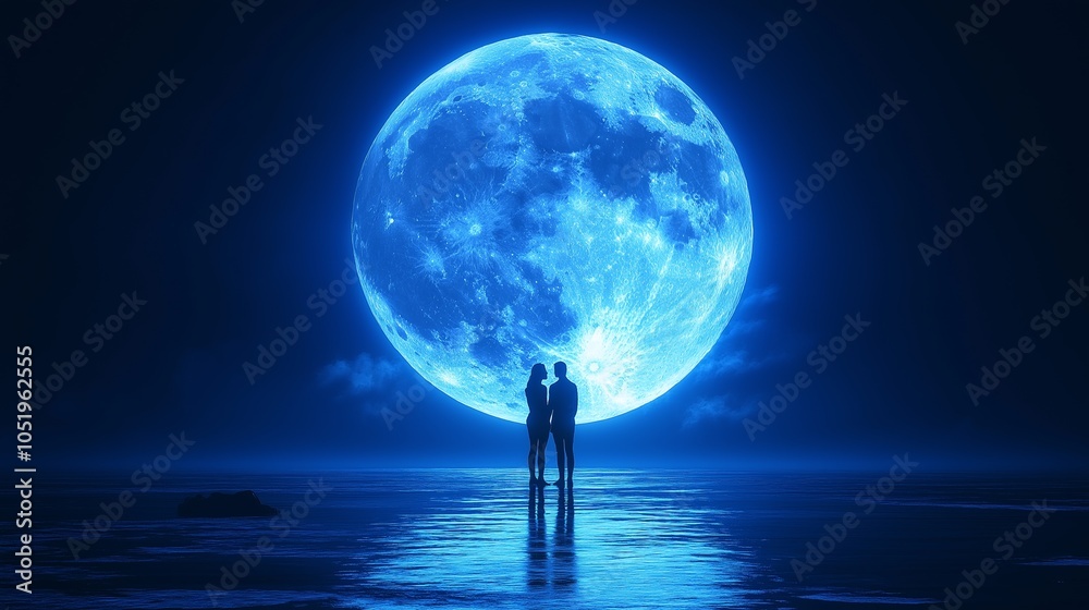 Silhouette of a couple standing together under a bright blue moon Silhouette of a couple standing together under a bright blue moon