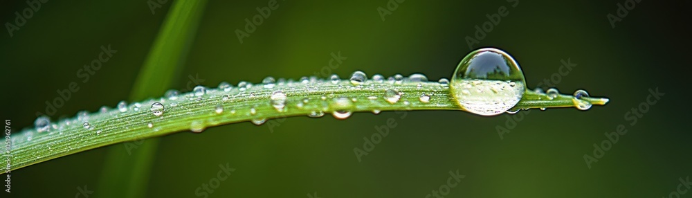 A close-up of a dew-covered blade of grass with a large droplet reflecting the surroundings.