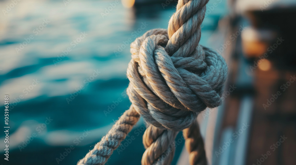 Nautical knots tied securely aboard a boat during a calm afternoon on the water Nautical knots tied securely aboard a boat during a calm afternoon on the water