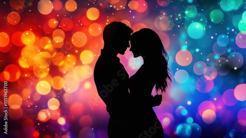 Silhouette of a couple embracing against a colorful bokeh background, symbolizing love and romance.