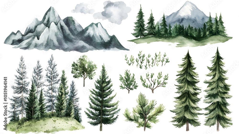 Fototapeta premium Watercolor Mountain Landscape Forest Trees Clipart Nature Illustration Set
