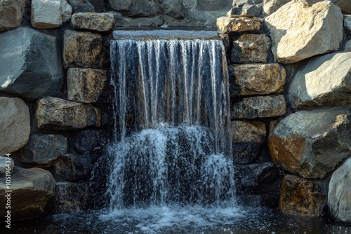 A serene waterfall cascading over rocks, creating a tranquil natural scene.