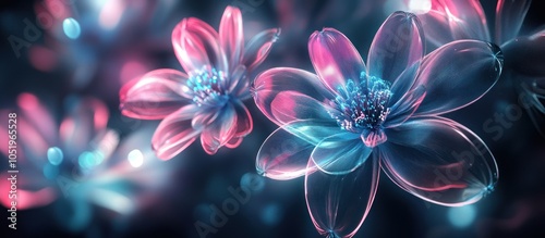 Two glowing flowers with pink and blue petals on a dark background with bokeh lights.