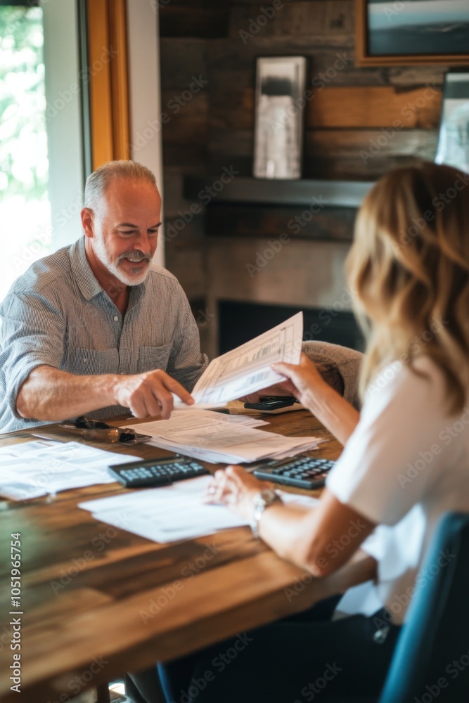 Engaged Meeting: A Mature Man and Woman Reviewing Financial Documents Together at a Rustic Wooden Table in a Cozy, Bright Interior Space. Engaged Meeting: A Mature Man and Woman Reviewing Financial Documents Together at a Rustic Wooden Table in a Cozy, Bright Interior Space.