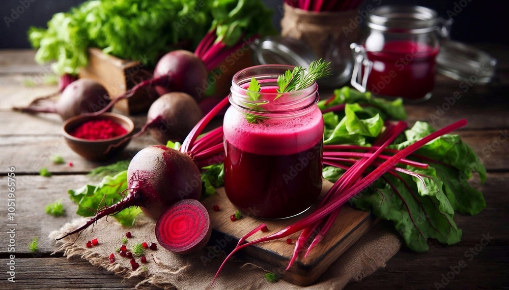 Fresh beetroot juice in glass container on rustic table Fresh beetroot juice in glass container on rustic table