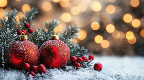 Two red Christmas ornaments are sitting on a snowy ground. The snow is white and the ornaments are shiny and red. The scene has a festive and joyful mood