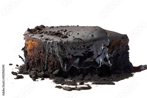 A heavily charred cake with a crumbly, ashy surface, isolated on white background