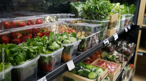 Fresh produce display in a supermarket showcasing various packaged vegetables and fruits during the afternoon shopping hours photo