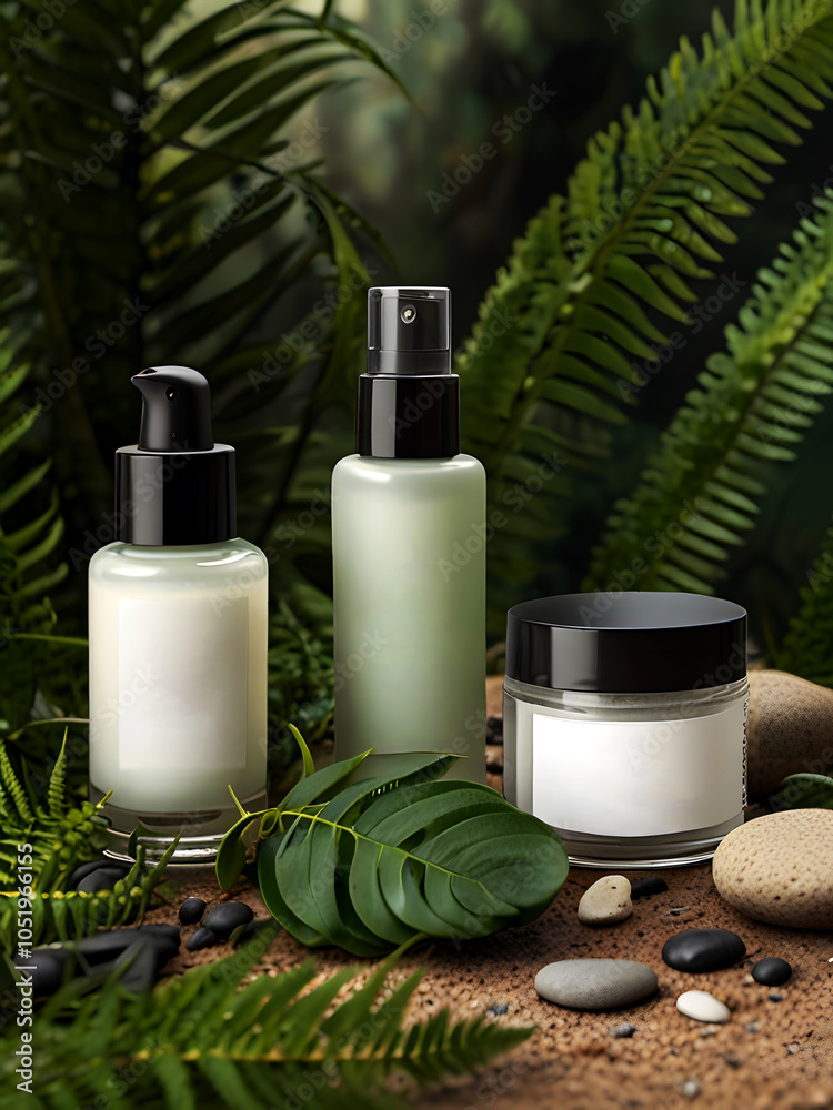 A collection of skincare products arranged in a nature inspired setting A collection of skincare products arranged in a nature inspired setting