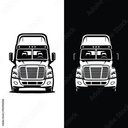 Semi truck 18 wheeler freight moving truck big rig front view vector illustration isolated. Black and white color concept
