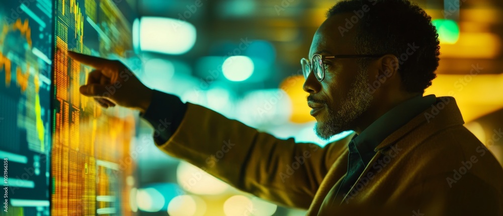 Focused businessman analyzing digital data on a touchscreen display, showcasing innovation and technology in a modern workspace. Focused businessman analyzing digital data on a touchscreen display, showcasing innovation and technology in a modern workspace.