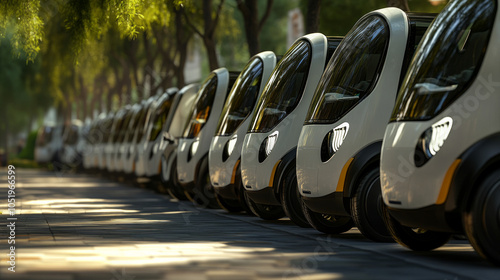 A fleet of compact vehicles parked in an urban car-sharing program along tree-lined streets during the day photo