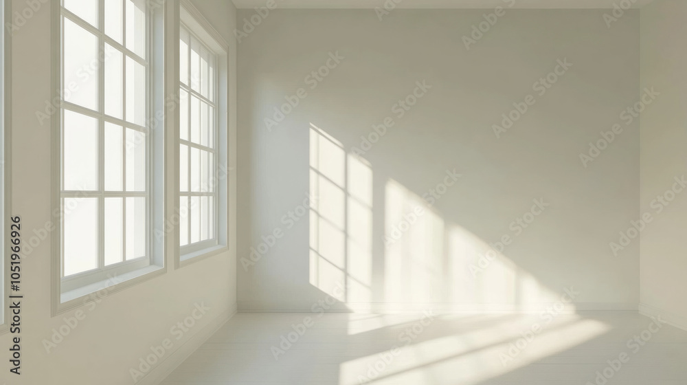 Fototapeta premium Bright white room with large windows illuminating empty space in the afternoon light, creating a peaceful and serene atmosphere