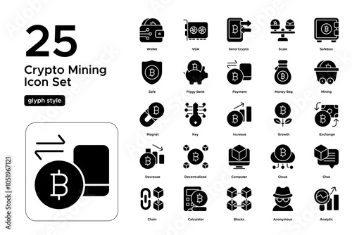 Crypto Mining Glyph Icon Set: Digital Currency Creation, Mining Equipment, and Blockchain Validation Icons
