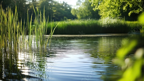 A tranquil water scene with lush greenery and reflective ripples.