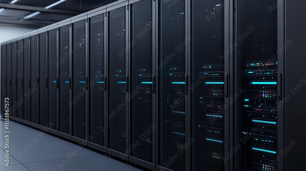 A modern data center featuring rows of sleek black server racks with illuminated components, illustrating high-tech infrastructure. A modern data center featuring rows of sleek black server racks with illuminated components, illustrating high-tech infrastructure.