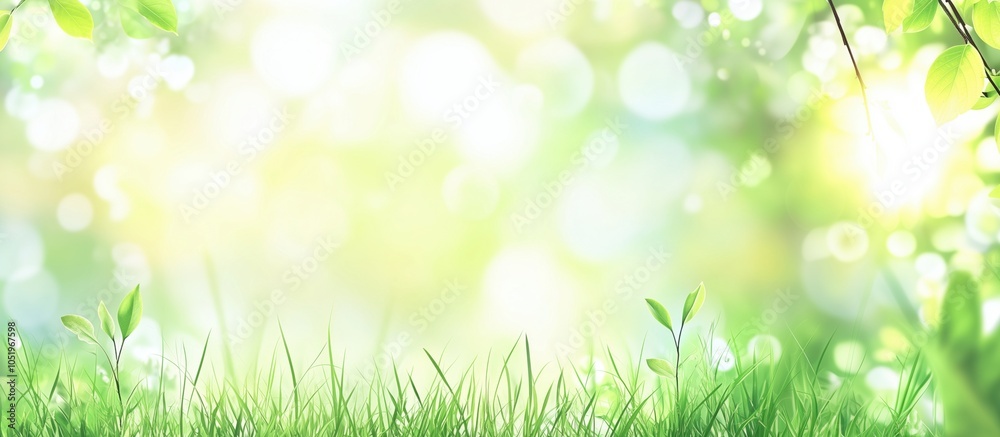 Lush green grass with soft bokeh background, bright sunlight, and leaves Lush green grass with soft bokeh background, bright sunlight, and leaves