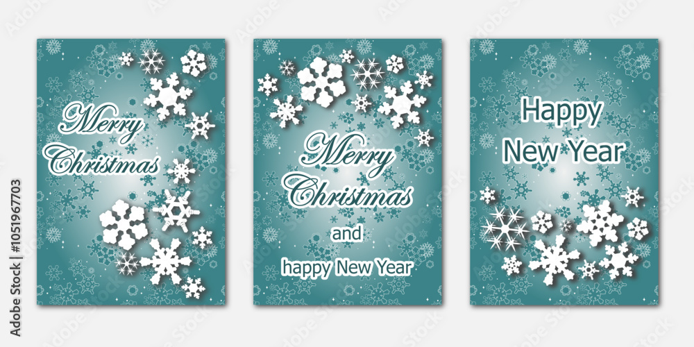 Christmas cards, set of templates design for greeting, banner, flyer,on the gradient background with many snowflakes. bright vector illustration for invitation, poster, frame en white and blue tones. Christmas cards, set of templates design for greeting, banner, flyer,on the gradient background with many snowflakes. bright vector illustration for invitation, poster, frame en white and blue tones.