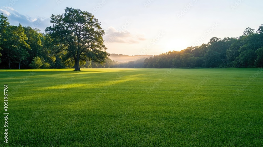 Obraz premium Vibrant green field with a lone tree under a bright blue sky.