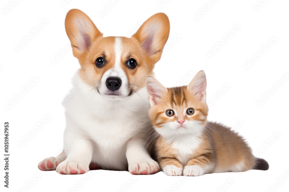 A cute corgi puppy with a red kitten sitting together, their bodies slightly leaning toward each other in a friendly pose isolated on white background A cute corgi puppy with a red kitten sitting together, their bodies slightly leaning toward each other in a friendly pose isolated on white background