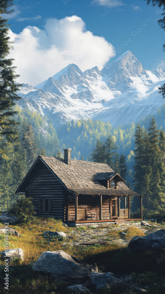 Fototapeta premium Discover a Charming Rustic Cabin Amidst Majestic Mountains and Lush Forests