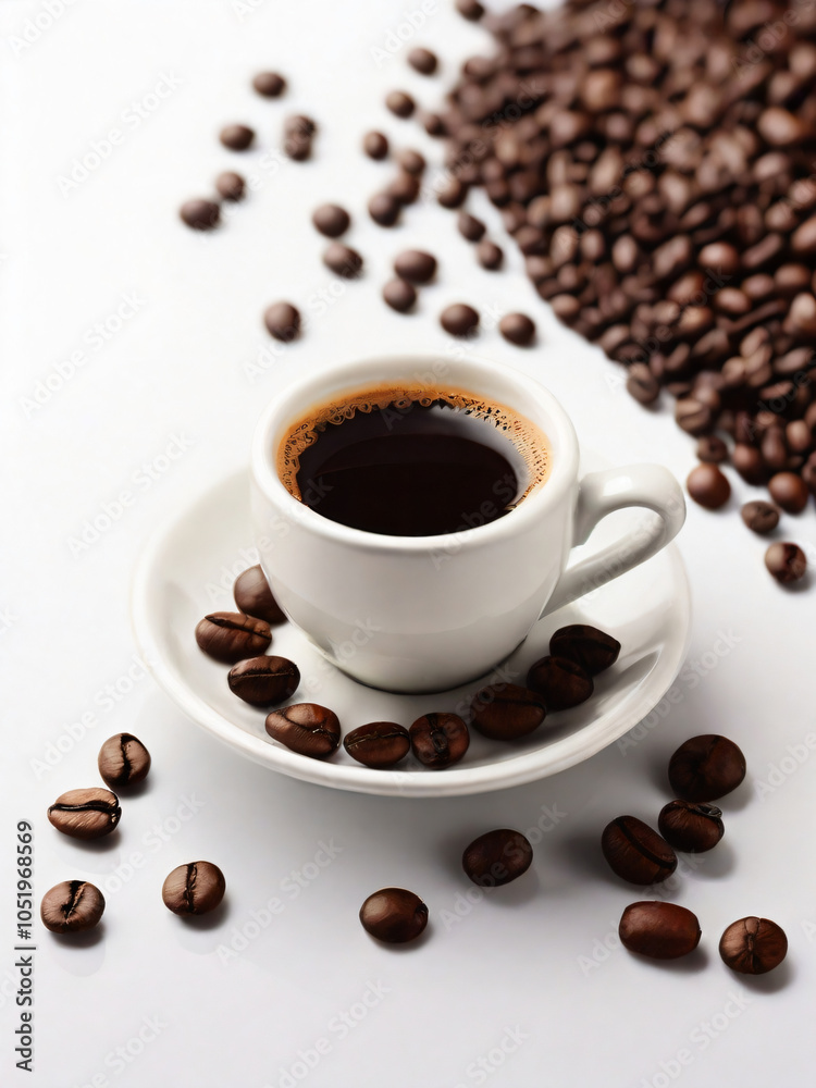 Obraz premium A steaming cup of coffee surrounded by scattered coffee beans.
