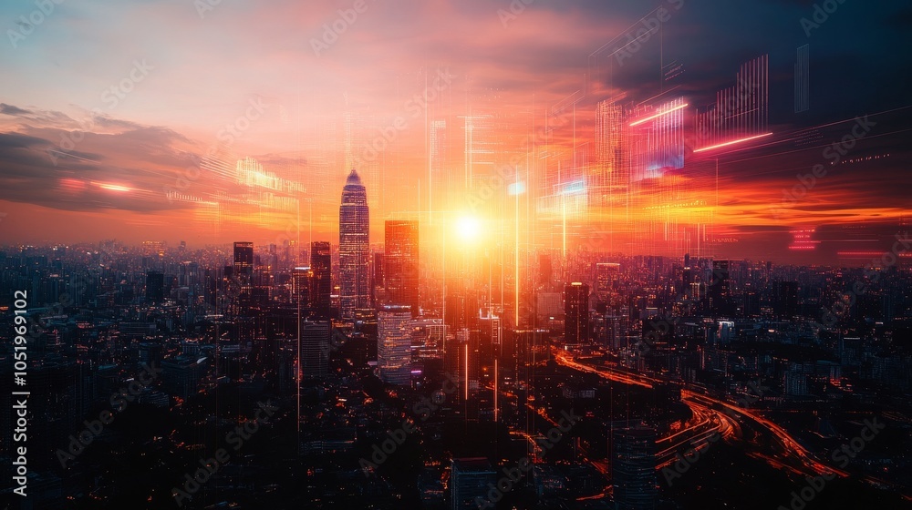 Fototapeta premium Sunset Cityscape with Futuristic Digital Overlay