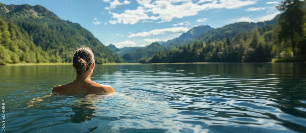 Fototapeta premium Serene woman swimming in tranquil lake surrounded by mountains and trees