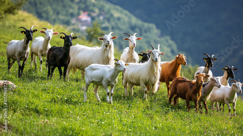 Goats graze peacefully on a lush green hillside under a clear blue sky in a serene rural landscape