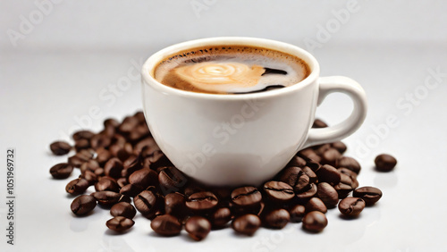 A steaming cup of coffee surrounded by scattered coffee beans.