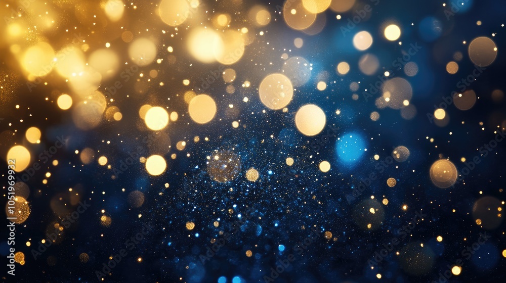 Abstract gold bokeh and sparkle set against a deep blue backdrop Abstract gold bokeh and sparkle set against a deep blue backdrop