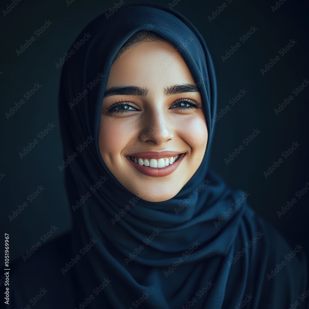Close-up portrait of a smiling young woman wearing a black hijab. Close-up portrait of a smiling young woman wearing a black hijab.