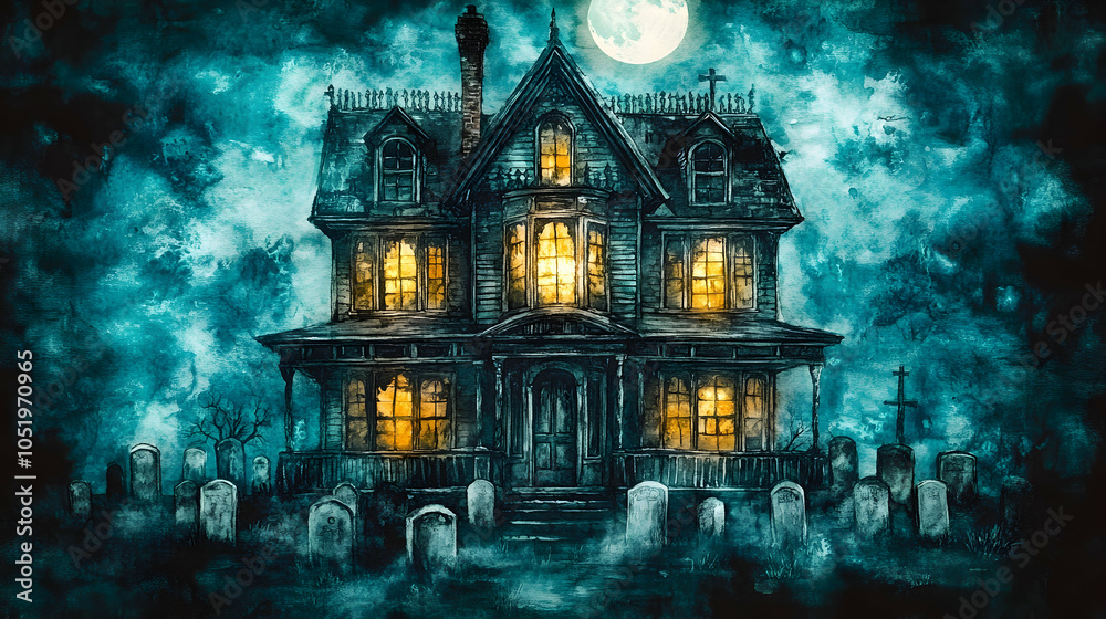 A spooky, old Victorian house with glowing windows sits on a hill amidst a graveyard under a full moon. A spooky, old Victorian house with glowing windows sits on a hill amidst a graveyard under a full moon.