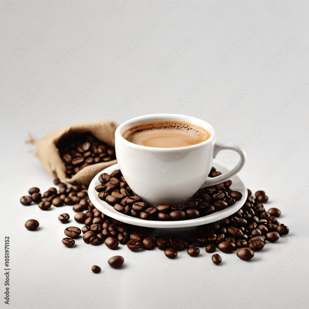 Fototapeta premium A steaming cup of coffee surrounded by scattered coffee beans.