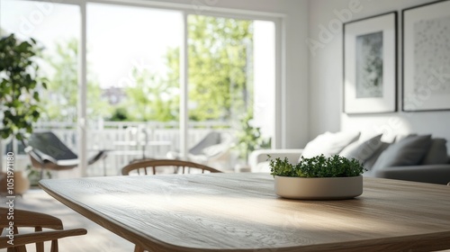 Empty wooden table with blurred view of scandinavian living room.3d rendering 