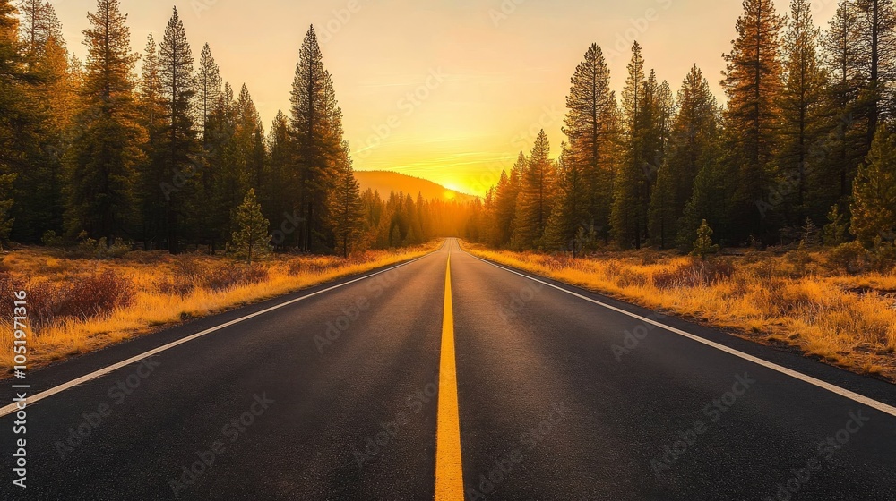 Fototapeta premium Empty Road Through Forest at Sunset