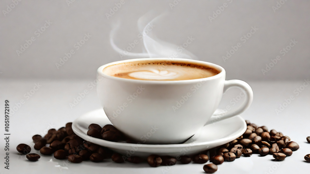 A steaming cup of coffee surrounded by scattered coffee beans. A steaming cup of coffee surrounded by scattered coffee beans.