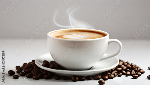 A steaming cup of coffee surrounded by scattered coffee beans.