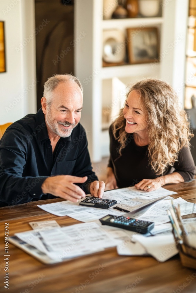Joyful couple engaging in budgeting, using calculators and reviewing financial documents together at a cozy home office table, fostering teamwork and trust. Joyful couple engaging in budgeting, using calculators and reviewing financial documents together at a cozy home office table, fostering teamwork and trust.