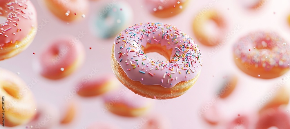 Colorful flying doughnuts with sprinkles on a pastel background. AI generated illustration Colorful flying doughnuts with sprinkles on a pastel background. AI generated illustration