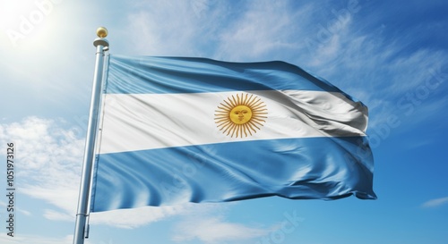Argentinian flag waving on a sunny day with clear blue sky. photo