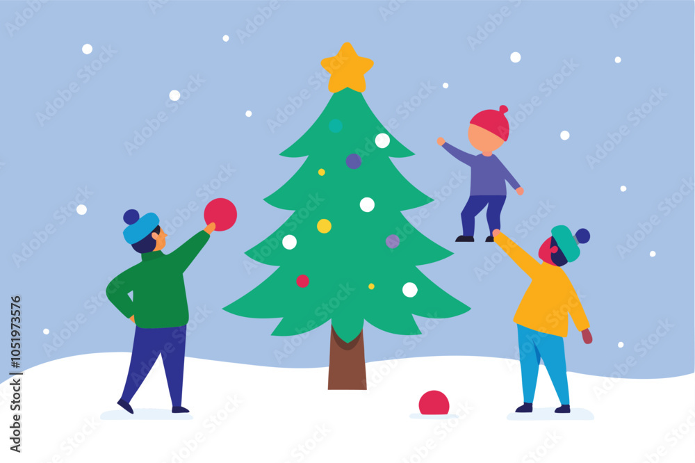 Fototapeta premium Kids Decorating a Snowy Christmas Tree with Ornaments - Festive Winter Fun