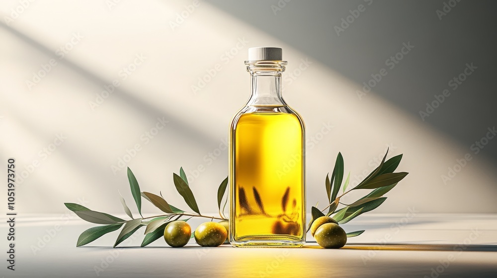 Glass Bottle of Olive Oil with Olive Branch and Olives Glass Bottle of Olive Oil with Olive Branch and Olives