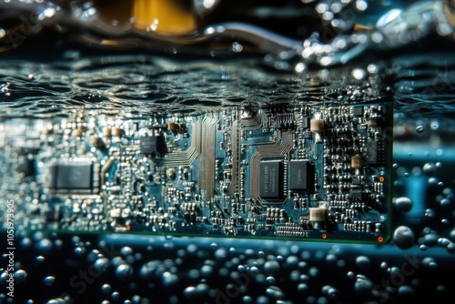 A circuit board submerged in a clear liquid, representing liquid cooling technology in advanced electronic systems photo