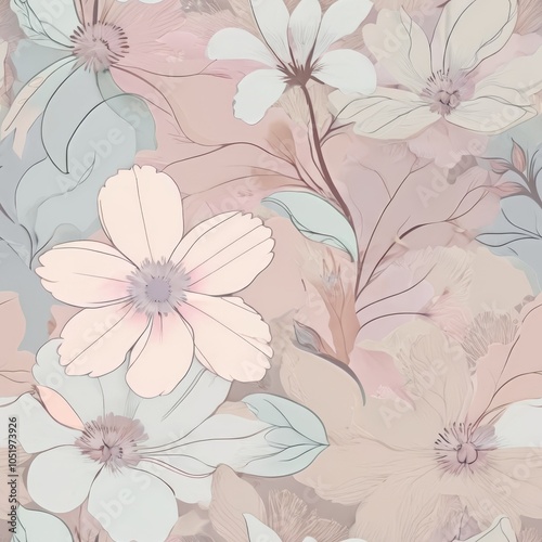 Seamless Pastel Floral Pattern with Soft Colors, Muted Tones, and Delicate Petals