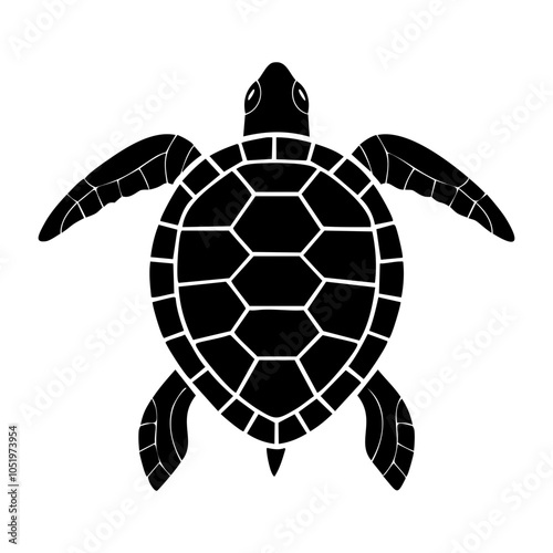 Minimalist detailed black silhouette of sea turtle on white background, top view. 