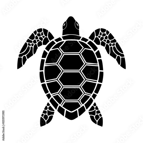 Detailed black silhouette of a sea turtle isolated on white background, top view. 