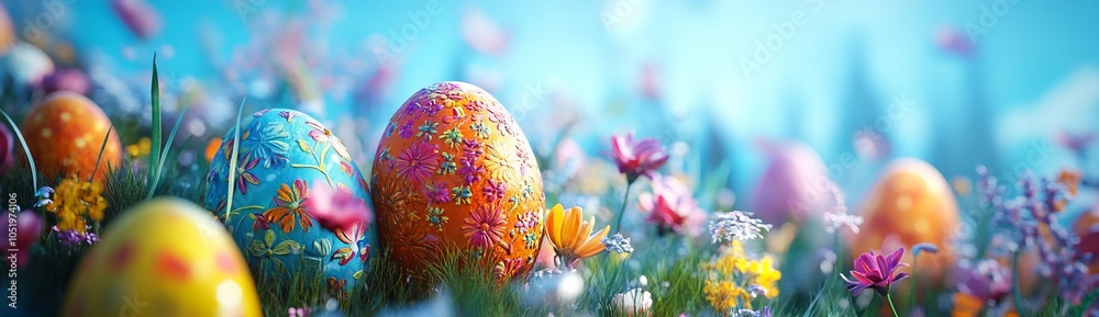 Colorful Easter eggs in an enchanted meadow with flowers. AI generated illustration Colorful Easter eggs in an enchanted meadow with flowers. AI generated illustration