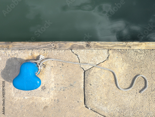 A top down shot of a vivid blue quayside bollard and rope used for tying up small boats photographed on a bright, sunny day. photo