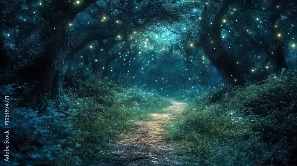 Obraz premium Magical fantasy fairy tale scenery, night in a forest